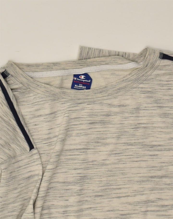 CHAMPION Womens Graphic 3/4 Sleeve Crop Top UK 18 XL  Grey Pinstripe | Vintage Champion | Thrift | Second-Hand Champion | Used Clothing | Messina Hembry 