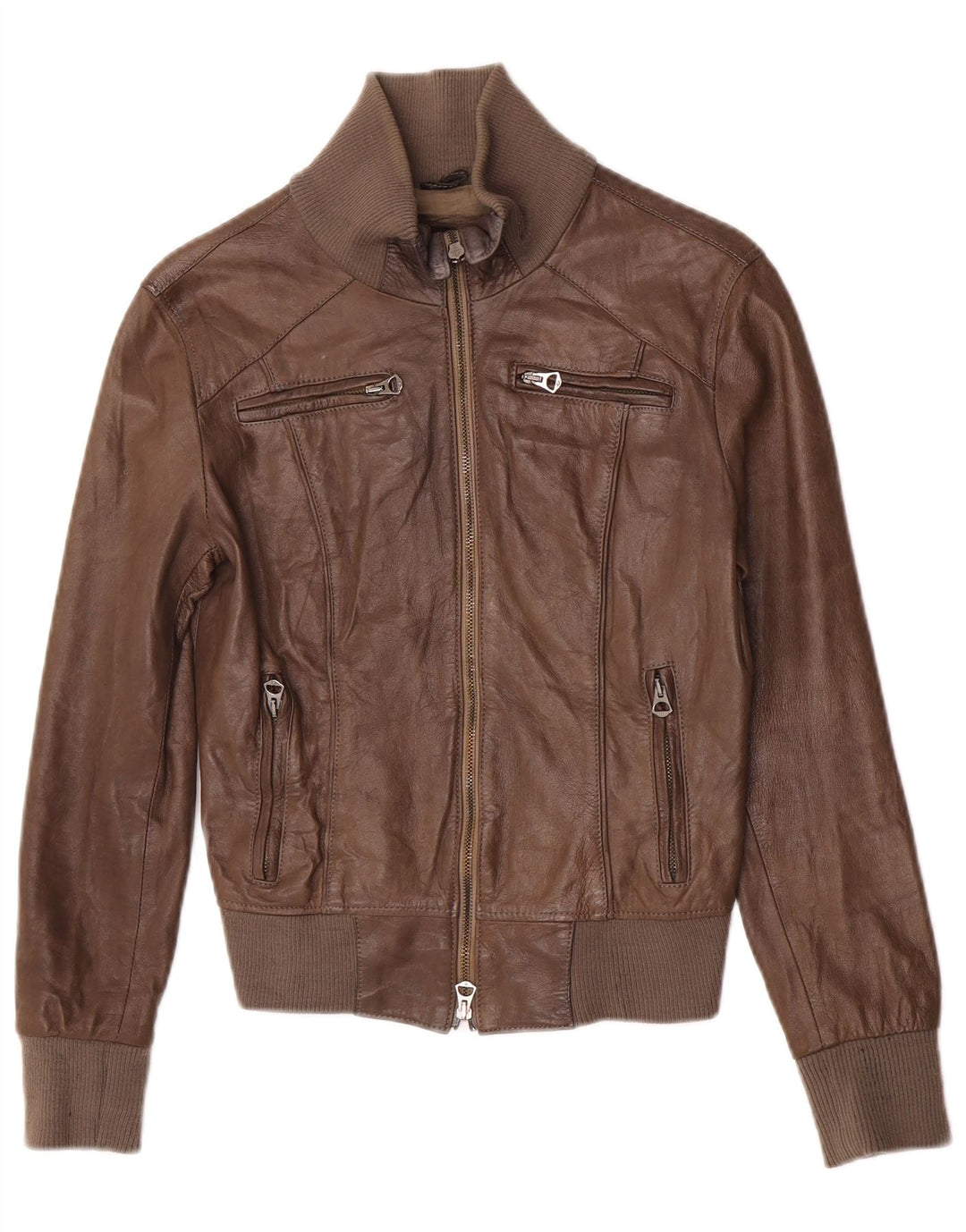Vintage Womens Crop Leather Jacket IT 40 Small Brown