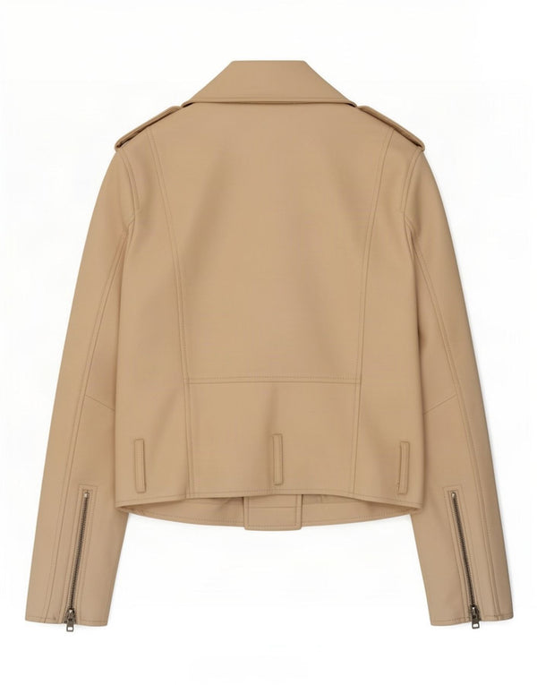 Zara Chaqueta Motera De Piel Sintética Corta Militar para Mujer UK 10 Small Beige