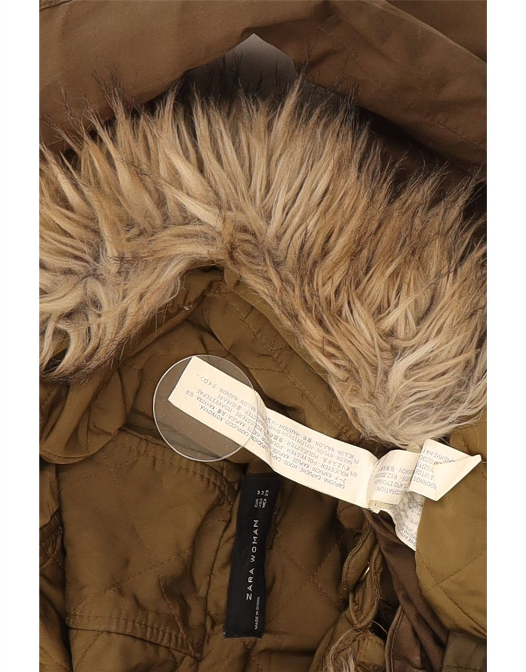Zara Parka à capuche pour femme UK 14 Medium Kaki Polyester