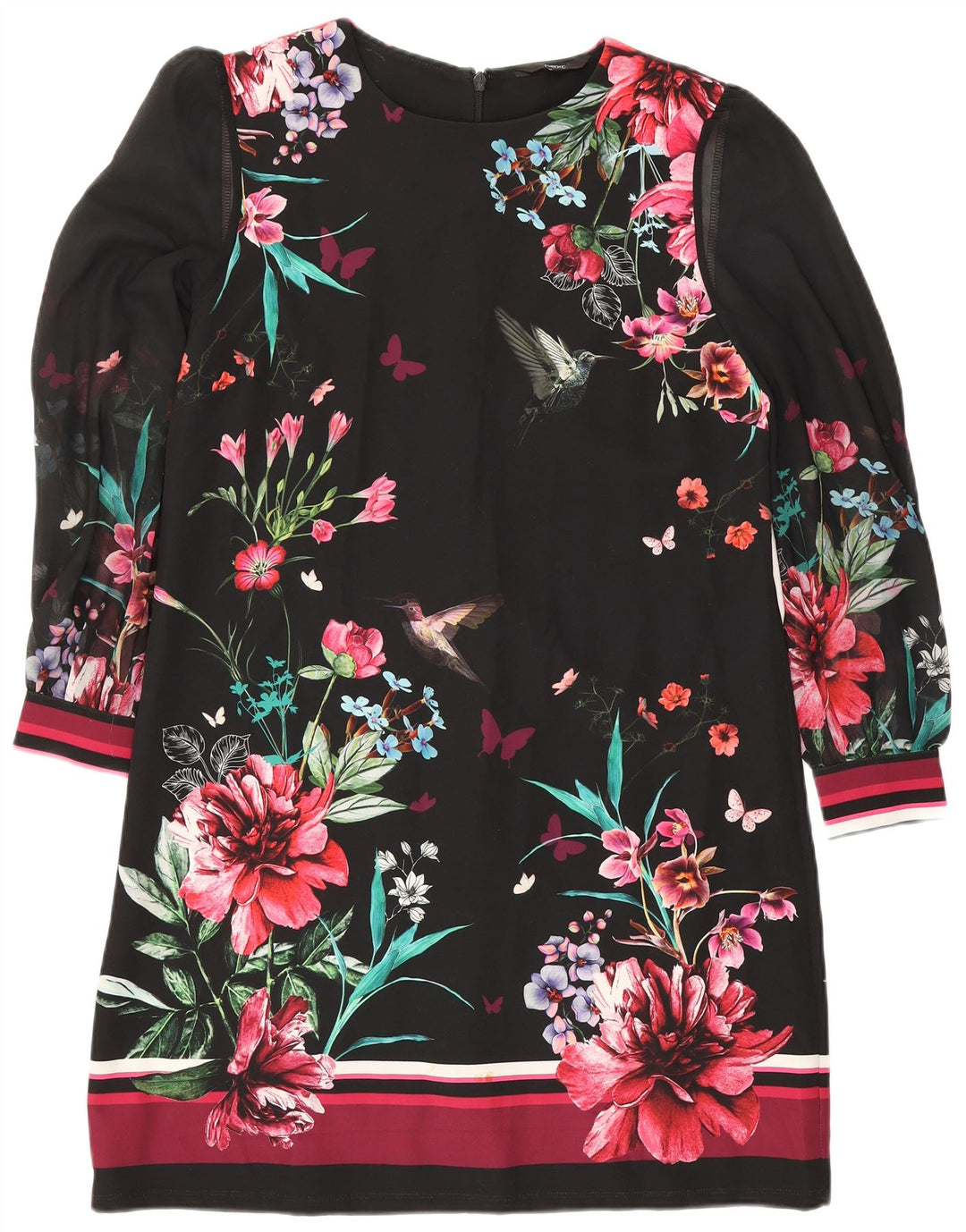 Next Womens Long Sleeve Shift Dress UK 14 Large Black Floral Polyester