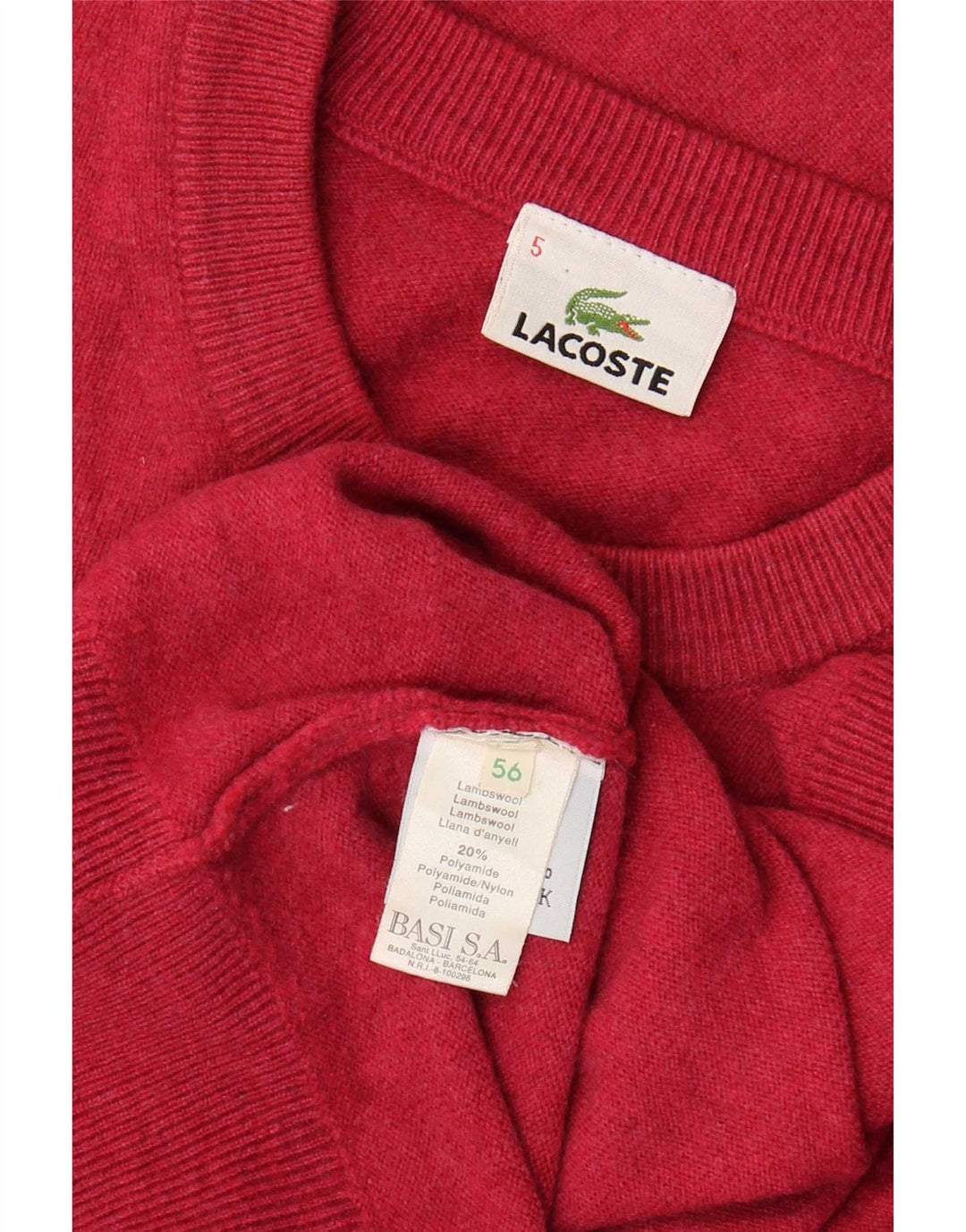 Lacoste Mens Crew Neck Jumper Sweater Size 5 Large Pink Lambswool