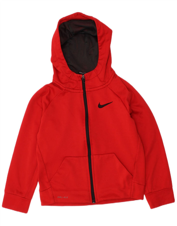 NIKE Boys Dri Fit Zip Hoodie Sweater 5-6 Years Small Red Polyester