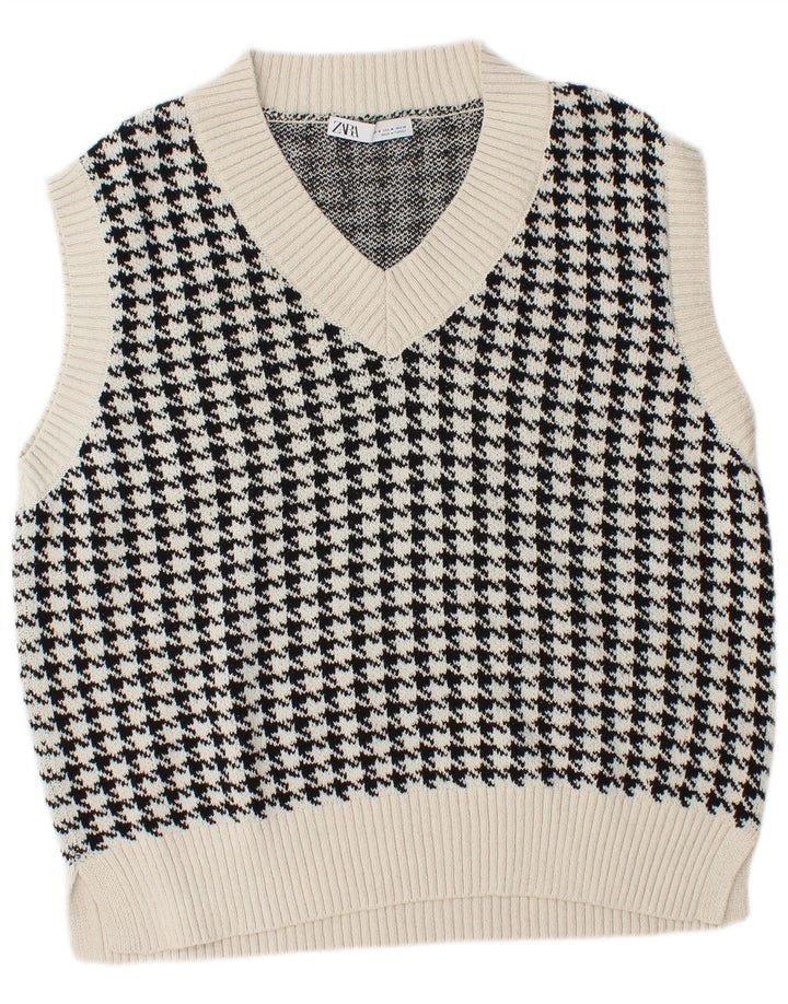 Zara Womens Oversized Vest Tank Top UK 14 Medium White Houndstooth Cotton
