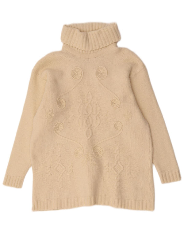 Vintage Womens Roll Neck Jumper Sweater UK 14 Medium Off White Geometric