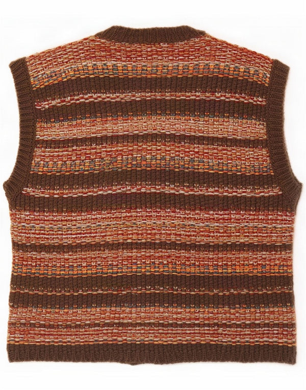 Maglione cardigan senza maniche vintage da donna UK 10 piccolo a righe marroni