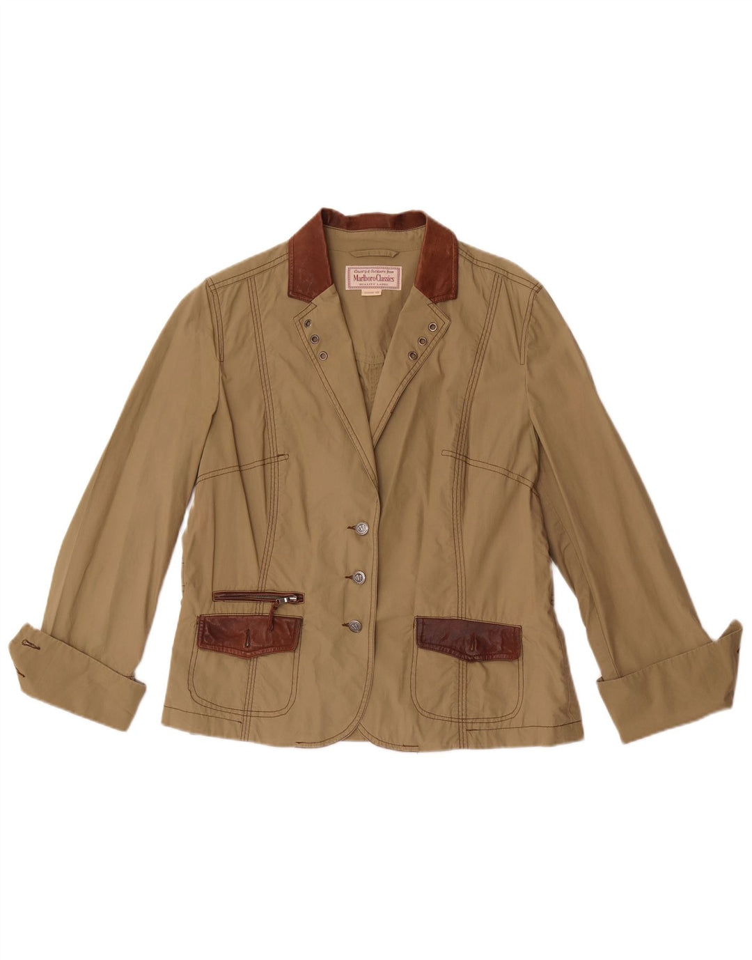 Marlboro Classics Womens 3 Button Blazer Jacket EU 48 2XL Khaki Colourblock