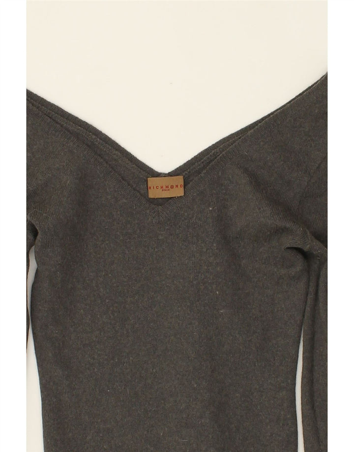 RICHMOND Womens Crop Graphic V-Neck Jumper Sweater IT 42 Medium Grey Vintage Richmond and Second-Hand Richmond from Messina Hembry 
