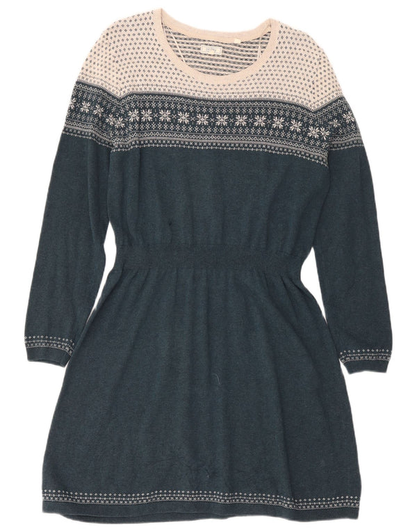 Fat Face Dame Langærmet Jumper Dress UK 16 Large Green Fair Isle Cotton