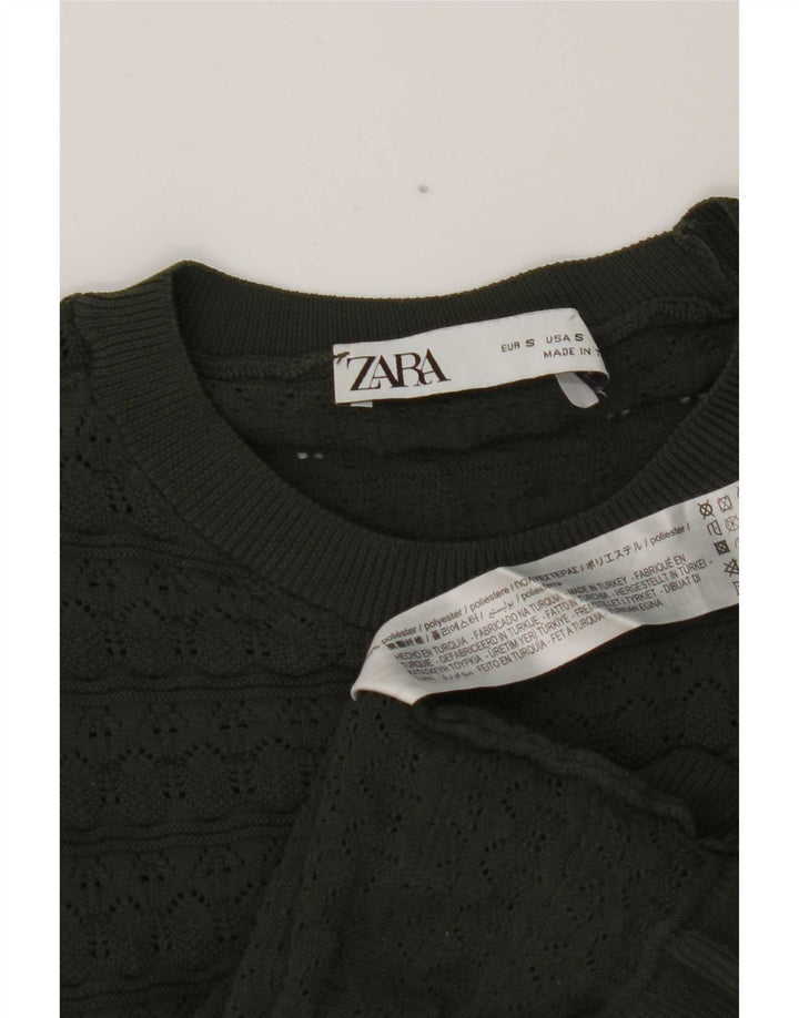 Zara Donna Top corto con volant sul davanti manica lunga UK 8 Small Poliestere kaki