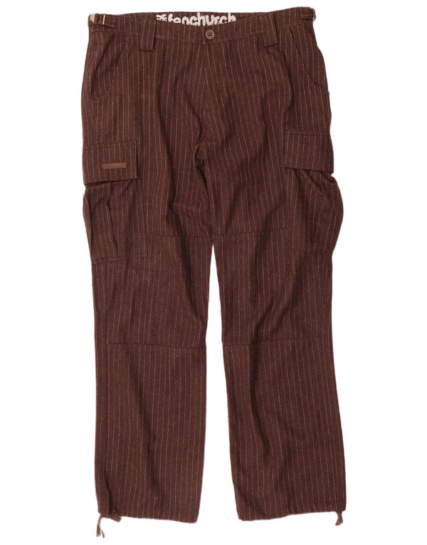 Fenchurch Mens Straight Cargo Trousers W36 L33 Brown Pinstripe Polyester