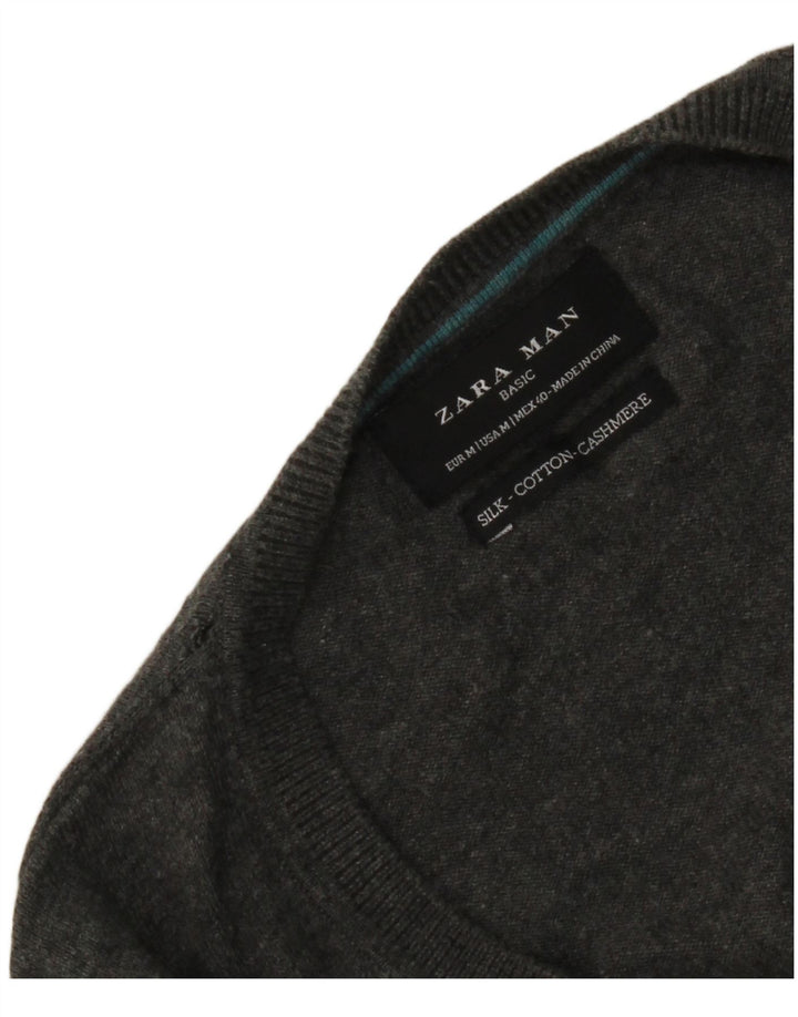 Zara Mens V-Neck Jumper Sweater Medium Grey Silk