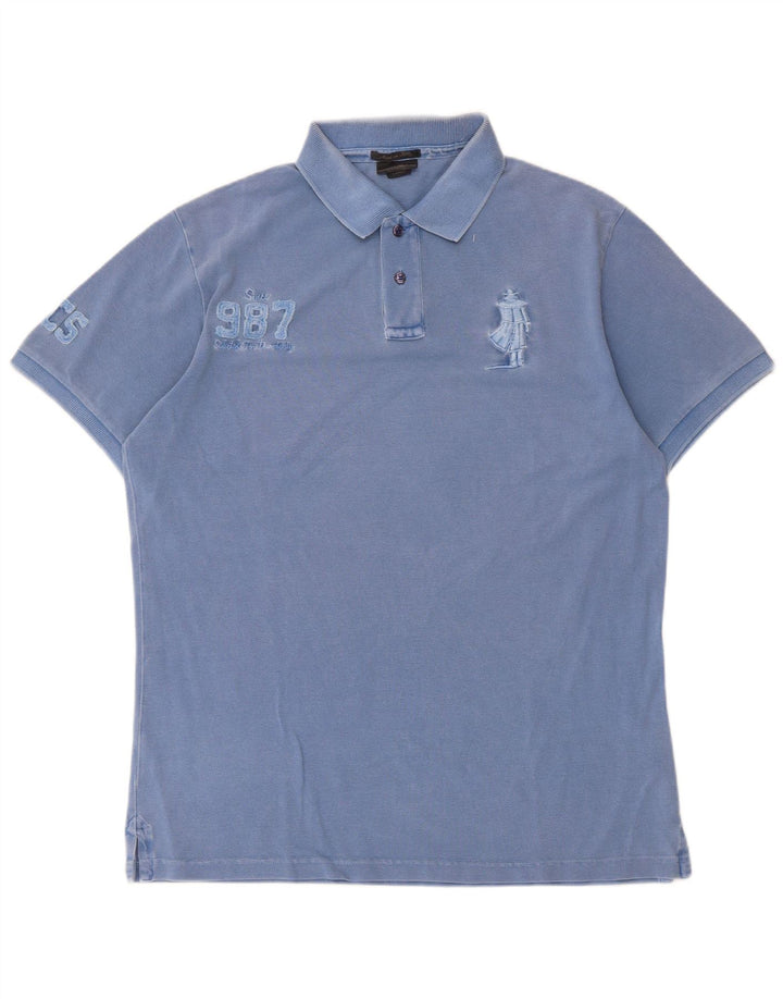 Marlboro Classics Mens Graphic Polo Shirt Large Blue Cotton