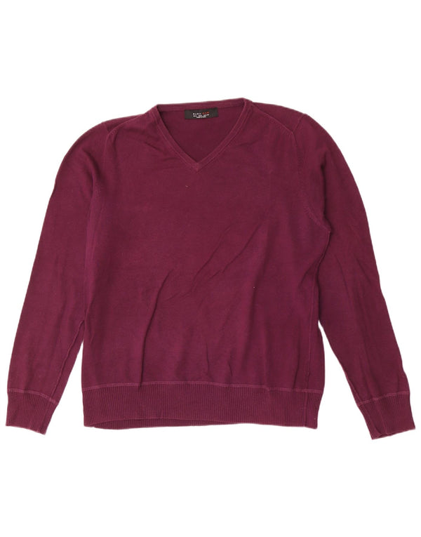 Zara Mens V-Neck Jumper Sweater Large Burgundy
