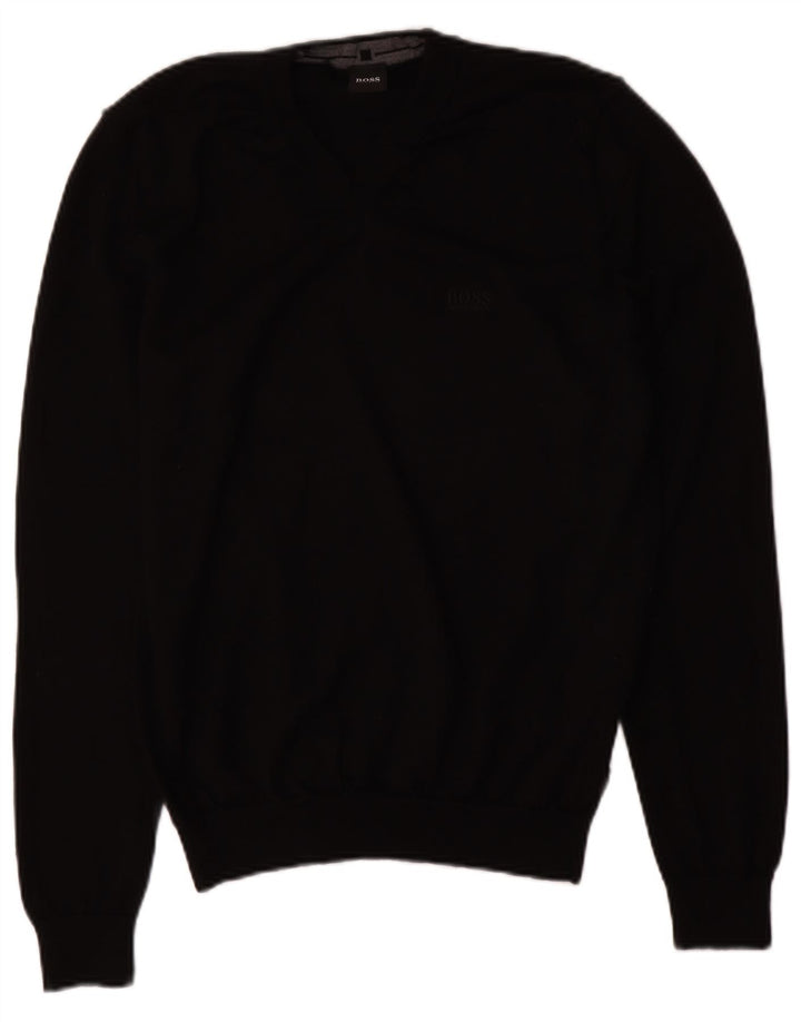 Hugo Boss Mens V-Neck Jumper Sweater Small Black Wool