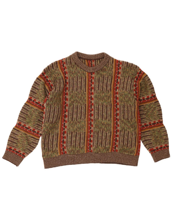 Vintage Womens Crew Neck Jumper Sweater UK 16 Large Khaki Striped