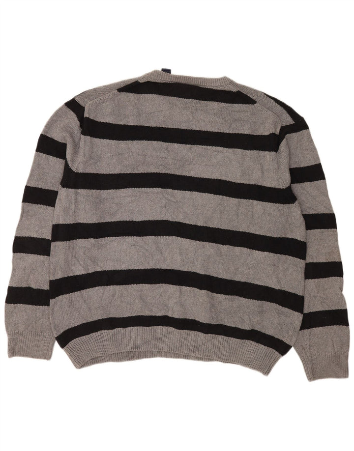 Chaps Mens Crew Neck Jumper Sweater 2XL Grey Striped Cotton