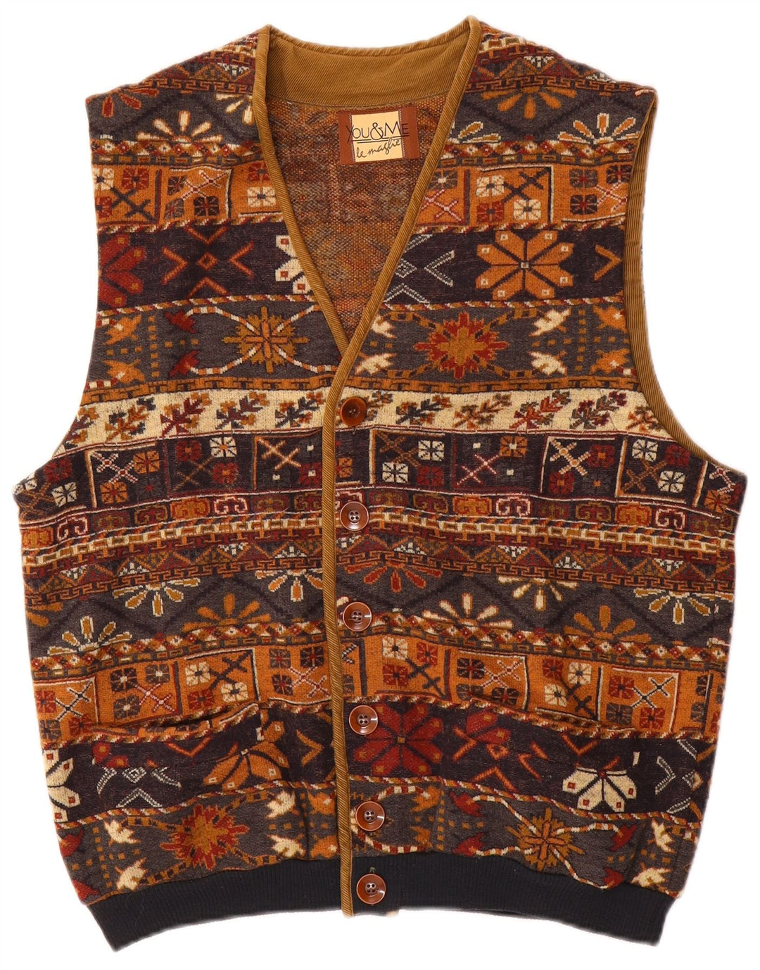 Vintage Mens Gilet UK 38 Medium Brown Fair Isle Wool