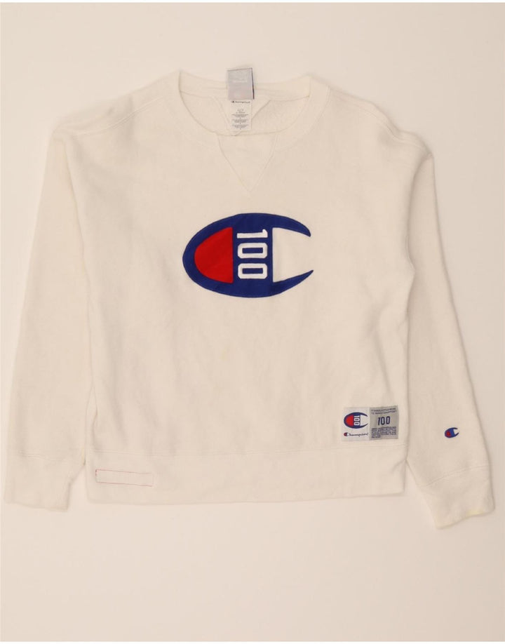 CHAMPION Womens Graphic Oversized Sweatshirt Jumper UK 14 Medium White Vintage Champion and Second-Hand Champion from Messina Hembry 