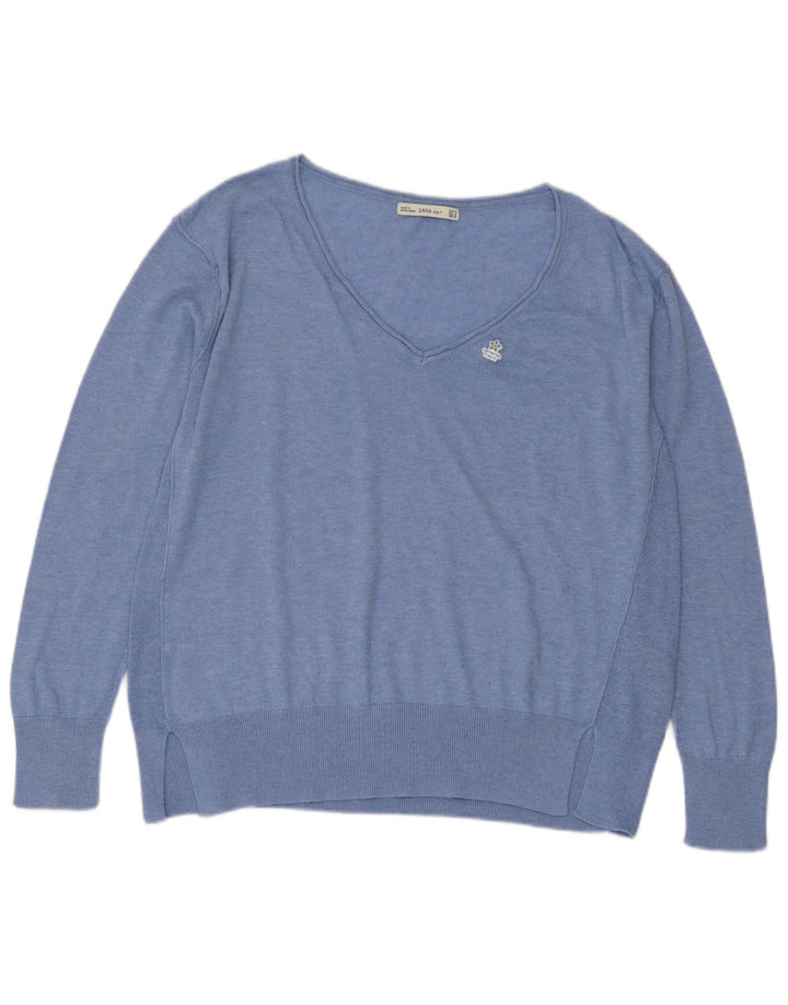 Zara Womens V-Neck Jumper Sweater UK 14 Medium Blue Polyester