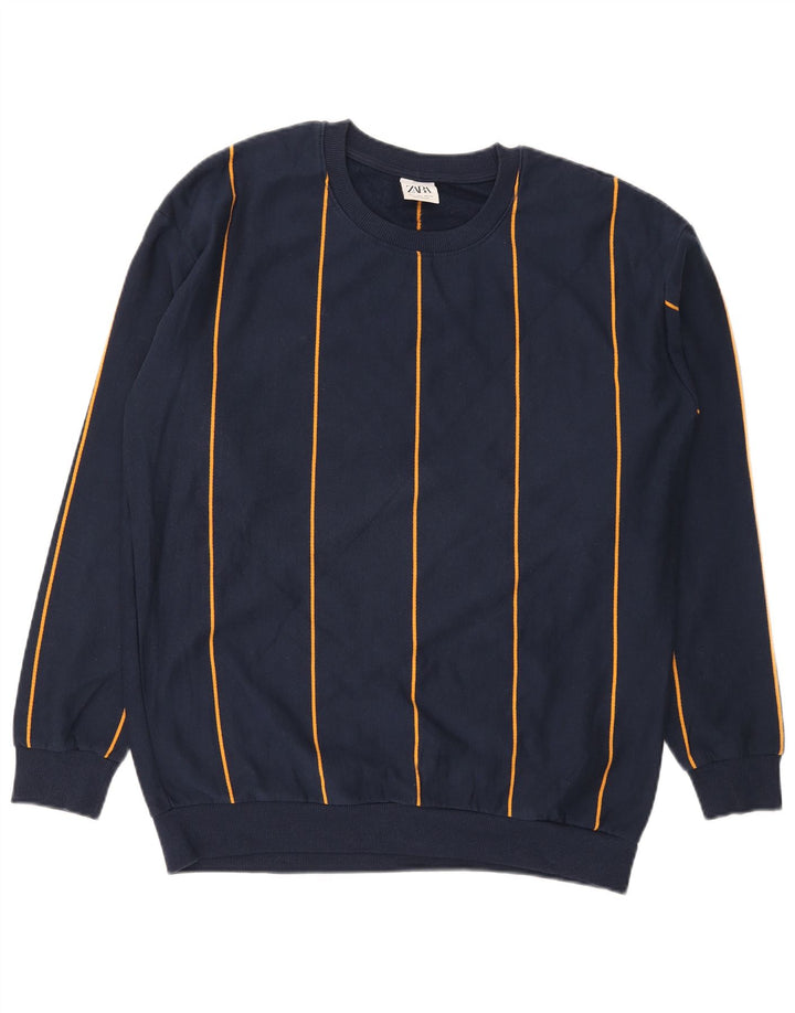 Zara Mens Sweatshirt Jumper Large Navy Blue Striped Cotton