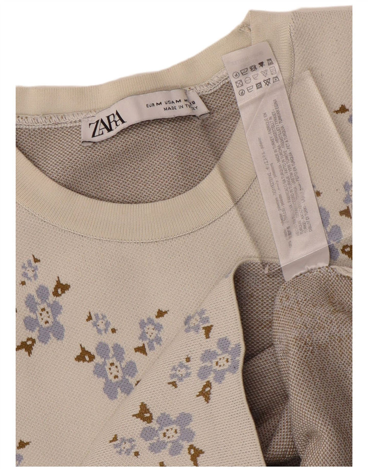 ZARA Womens Crop Top Long Sleeve UK 12 Medium Off White Floral Polyester