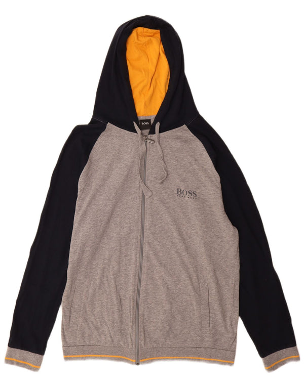 Hugo Boss Mens Zip Hoodie Sweater XL Grey Colourblock Cotton