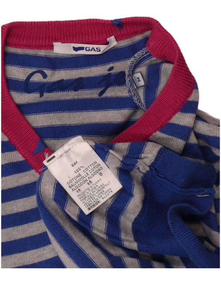Gas Mens V-Neck Jumper Sweater Medium Blue Striped Cotton