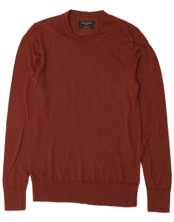 All Saints Mens Crew Neck Jumper Sweater Small Brown Merino Wool