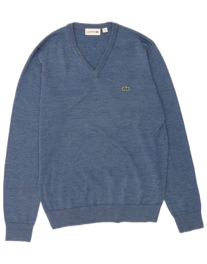 Lacoste Mens V-Neck Jumper Sweater Size 4 Medium Blue Wool