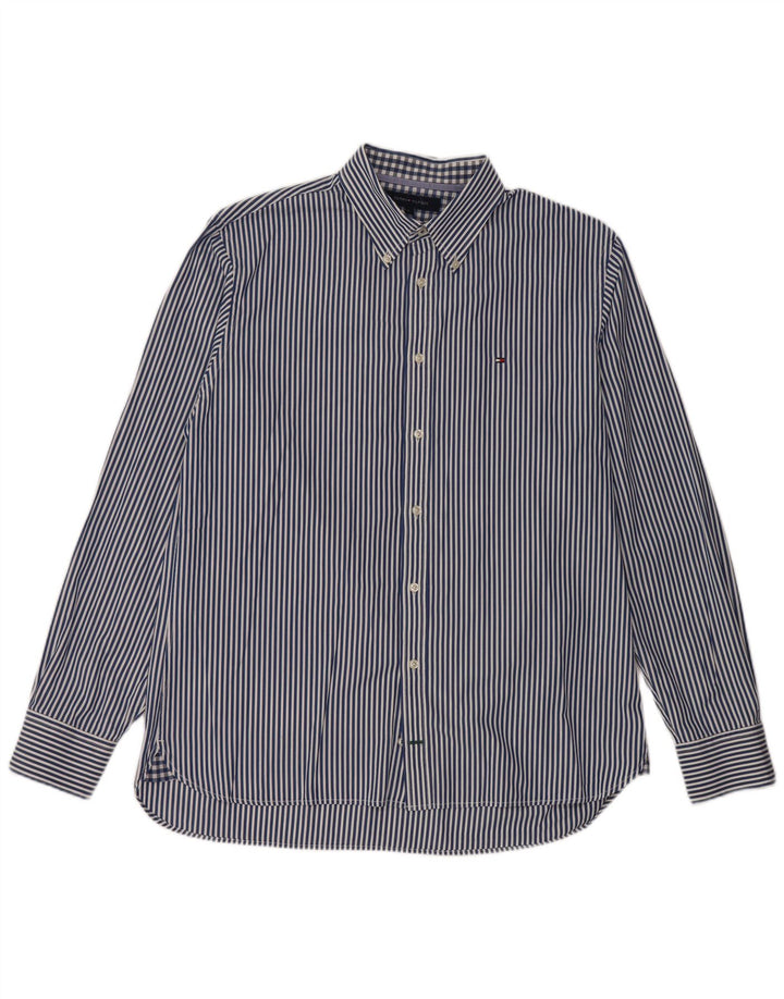 Tommy Hilfiger Mens Custom Fit Shirt Large Blue Pinstripe Cotton