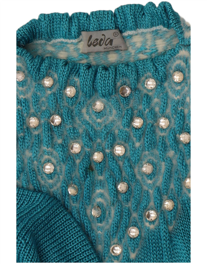 Vintage Womens Abstract Pattern Crew Neck Jumper Sweater UK 14 Large Blue