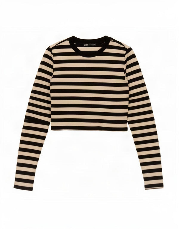 Crop Top pentru femei Zara cu mânecă lungă UK 14 mare, bumbac cu dungi albe