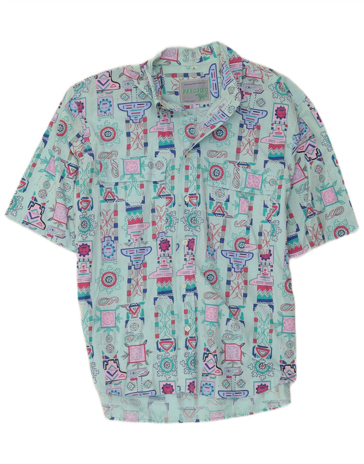 Perosino Mens Abstract Pattern Short Sleeve Shirt Medium Turquoise