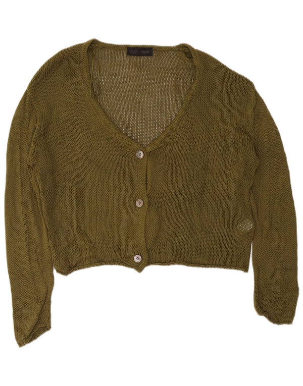 Zara Womens Crop Cardigan Sweater UK 16 Large Khaki Cotton