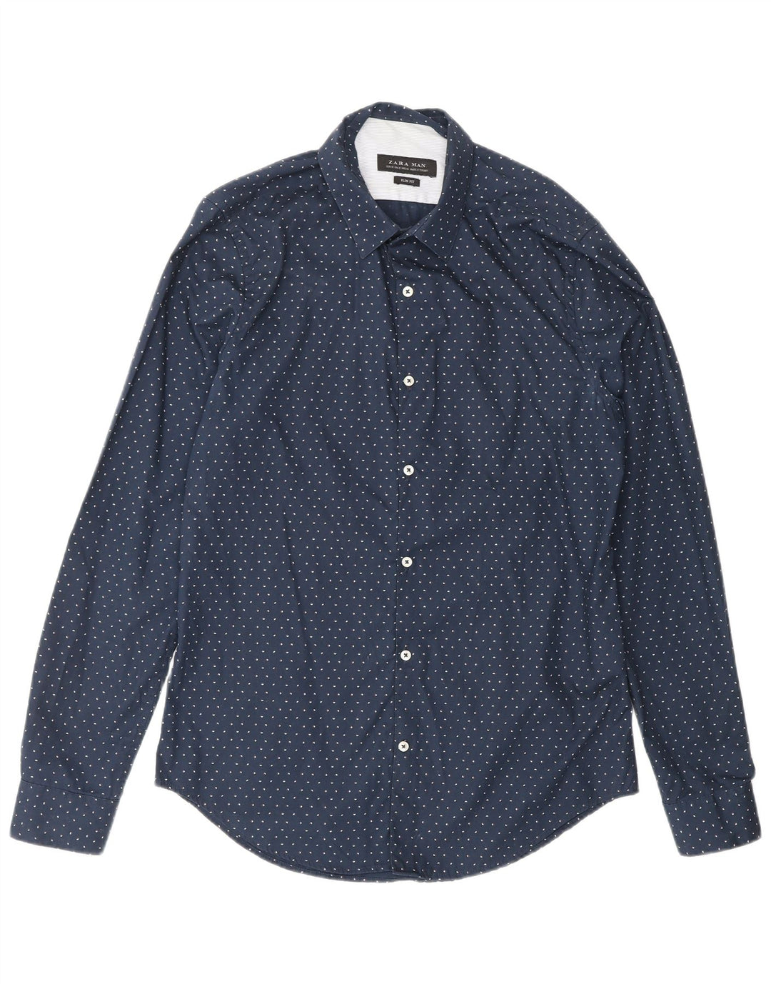 ZARA Mens Slim Fit Shirt Medium Navy Blue Spotted Cotton