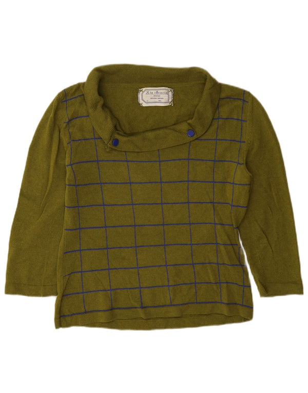 Vintage Damen 3/4 Ärmel Rollkragen Pullover Pullover UK 14 Medium Khaki Check