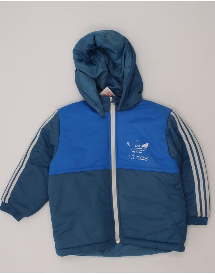 ADIDAS Boys Hooded Padded Jacket 3-4 Years Blue Colourblock Polyester Vintage Adidas and Second-Hand Adidas from Messina Hembry 
