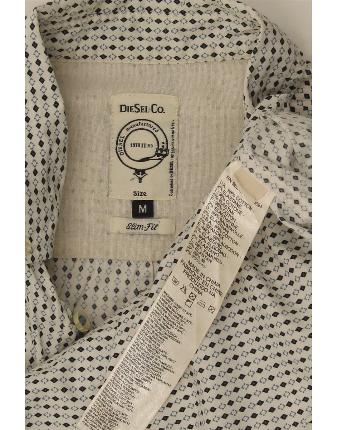 Diesel Mens Slim Fit Shirt Medium White Argyle/Diamond Cotton