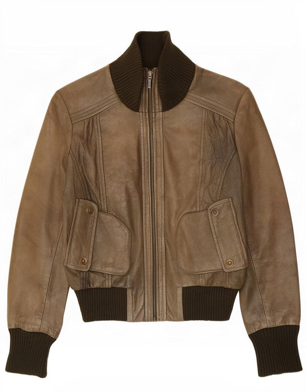 Oasis Womens Leather Jacket UK 14 Medium Khaki Colourblock