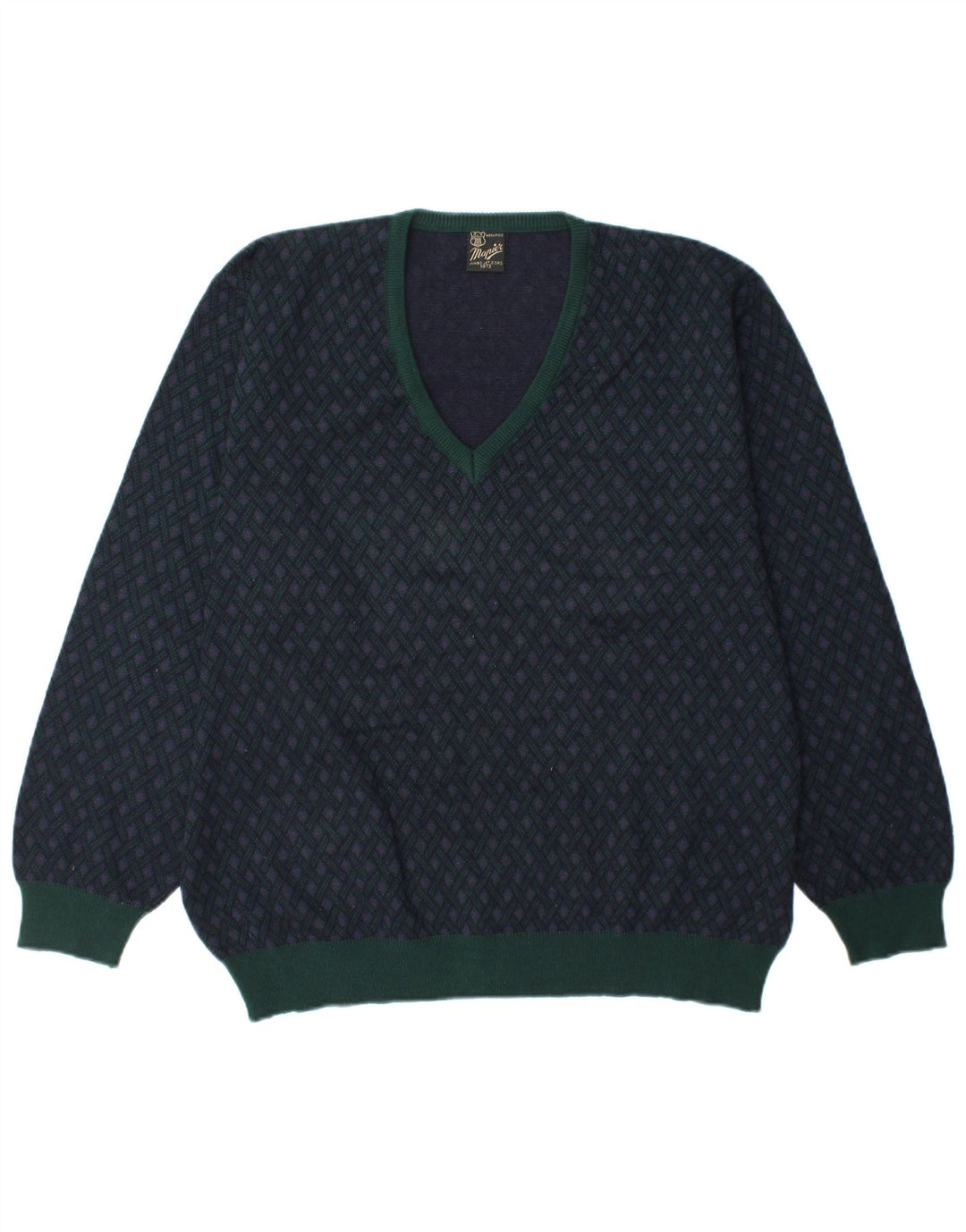MAPIER Mens V-Neck Jumper Sweater Large Navy Blue Argyle/Diamond Wool