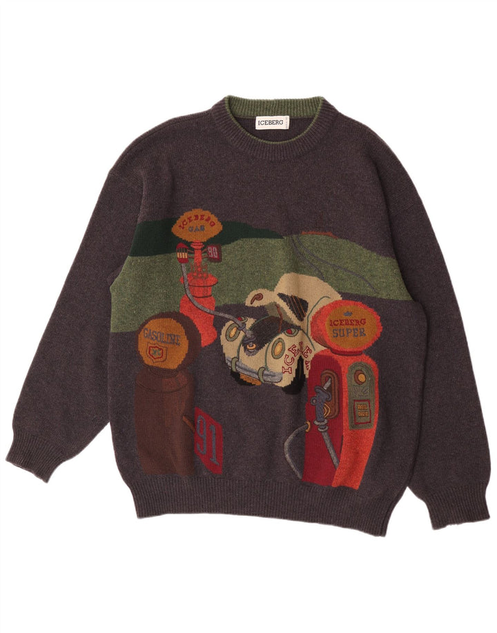 Iceberg Mens Graphic Crew Neck Jumper Sweater XL Grey Wool Retro