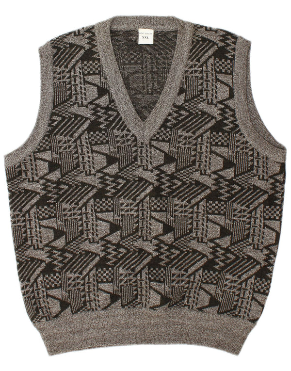 vintage Mens Vest Tank Top 2XL Gris Géométrique Laine