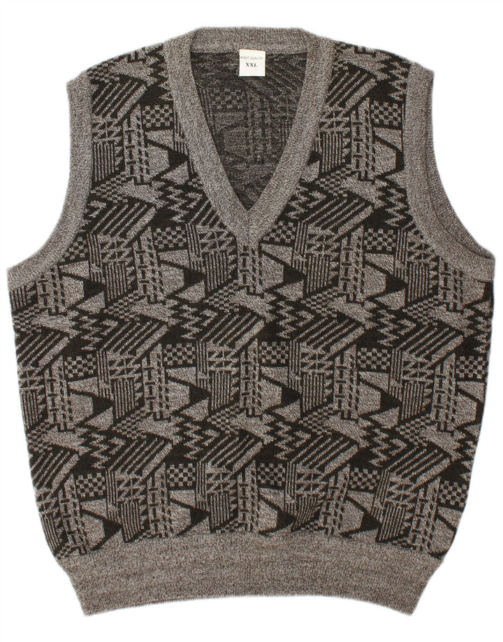 Vintage Mens Vest Tank Top 2XL Grey Geometric Wool