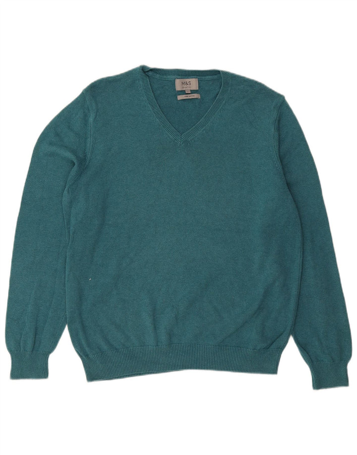 MARKS & SPENCER Mens V-Neck Jumper Sweater Large Blue Cotton