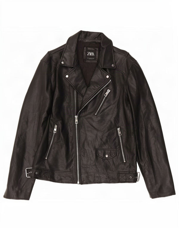 Zara Mens Faux Leather Biker Jacket UK 42 XL Black Polyurethane
