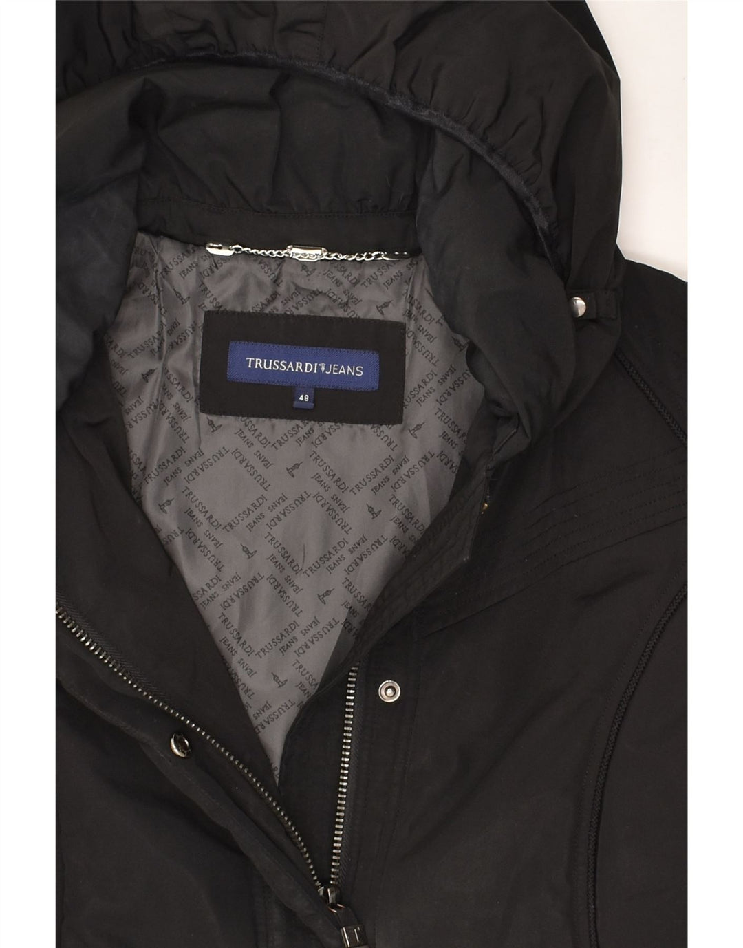 TRUSSARDI Womens Hooded Windbreaker Jacket IT 48 XL Black Polyester | Vintage Trussardi | Thrift | Second-Hand Trussardi | Used Clothing | Messina Hembry 
