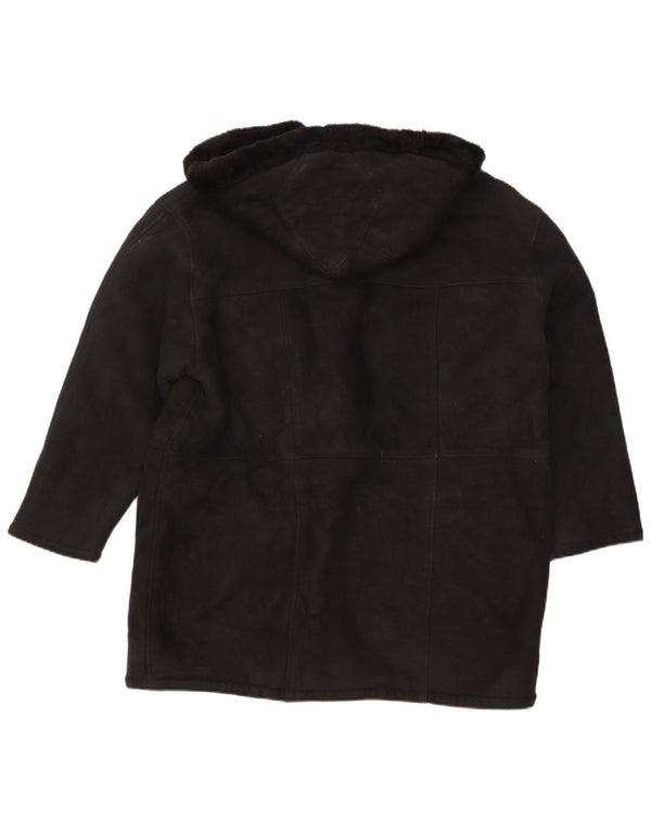 Palton din shearling supradimensionat cu glugă vintage pentru femei UK 16 mare negru