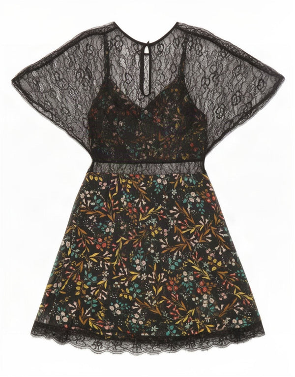 Vestido feminino Zara transparente com renda evasê UK 4 XS preto floral poliéster