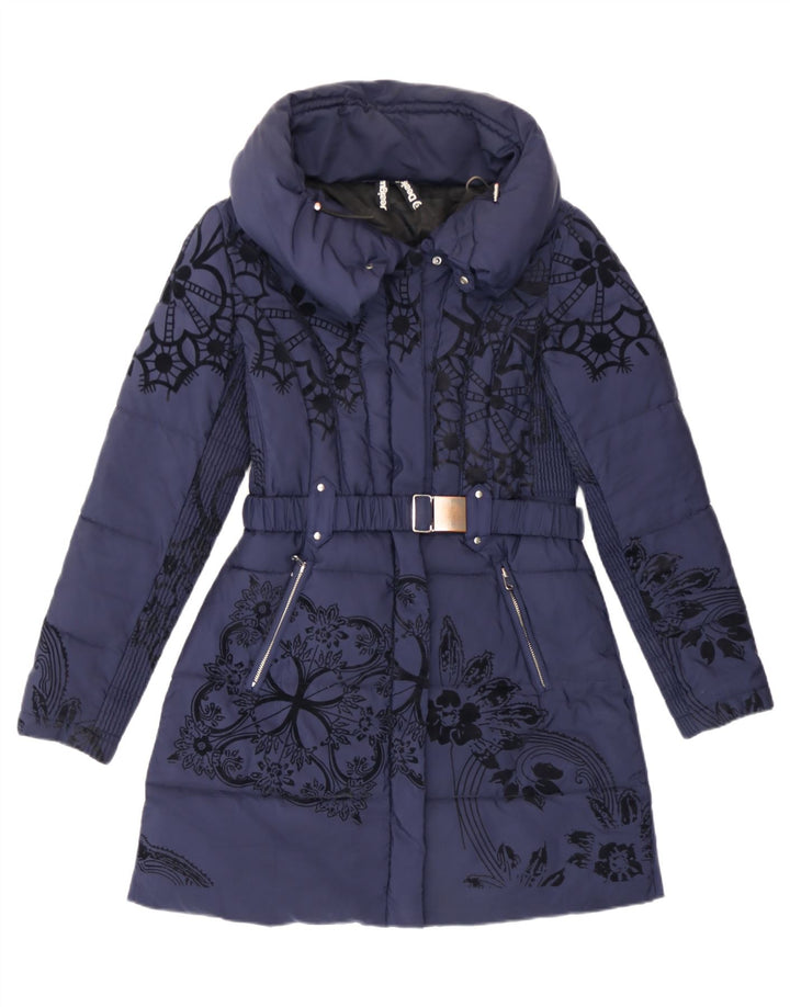 Desigual Womens Padded Coat EU 38 Medium Navy Blue Floral Polyester